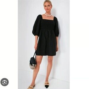 Tuckernuck Annie Smocked 100% Linen Black Mini Dress Puff Sleeves M Medium